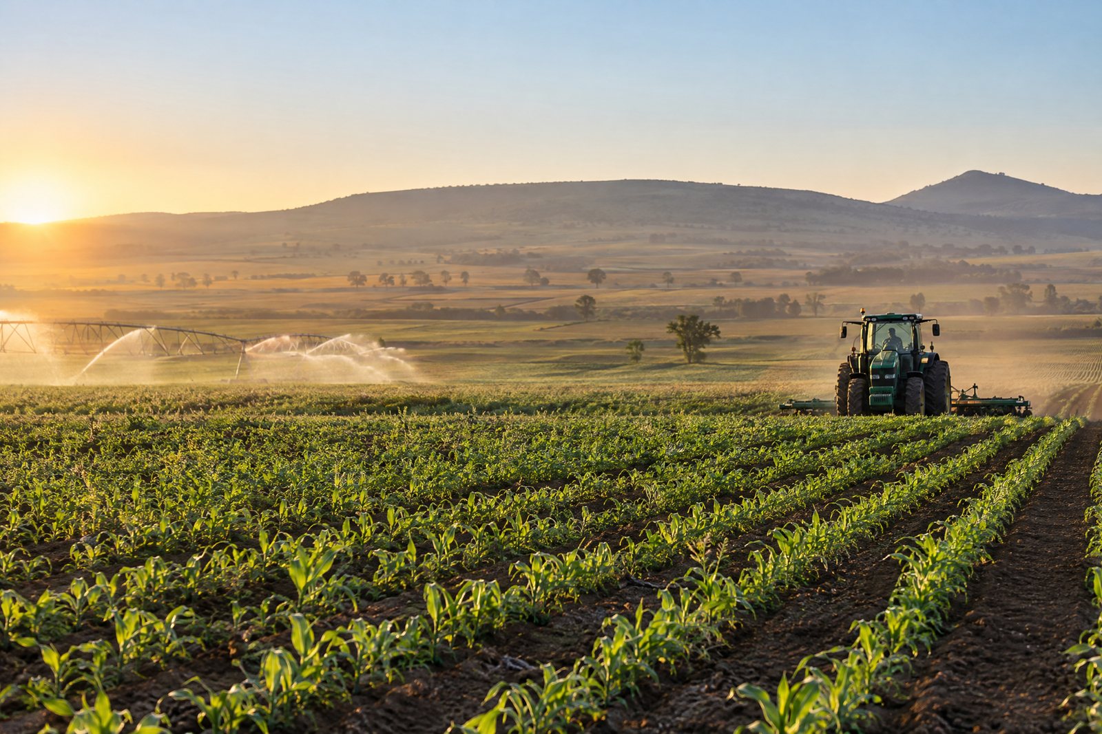 Cultivated fields at sunrise, representing agriculture and farm-project support