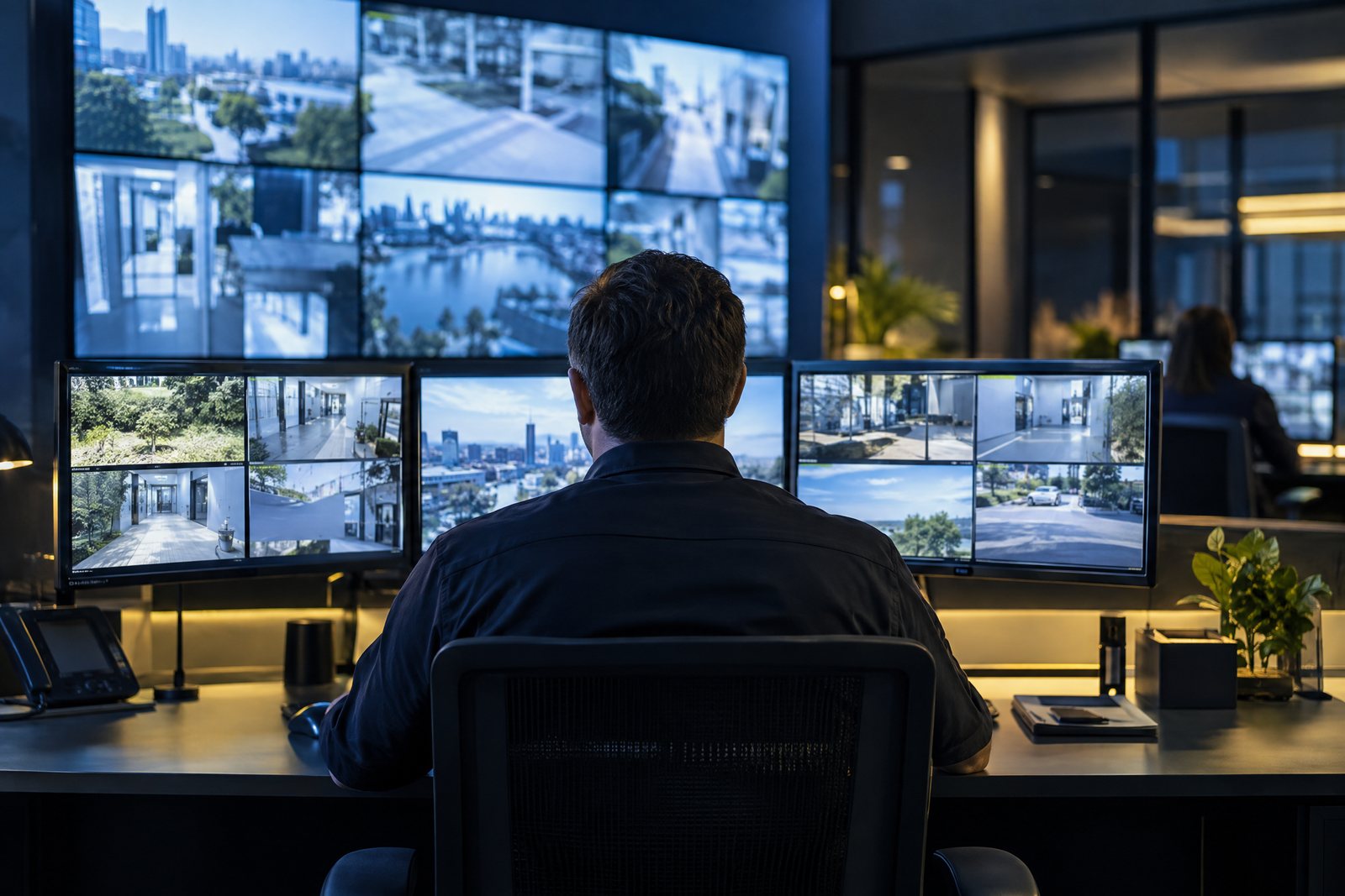 Security operations room with an operator monitoring electronic security screens